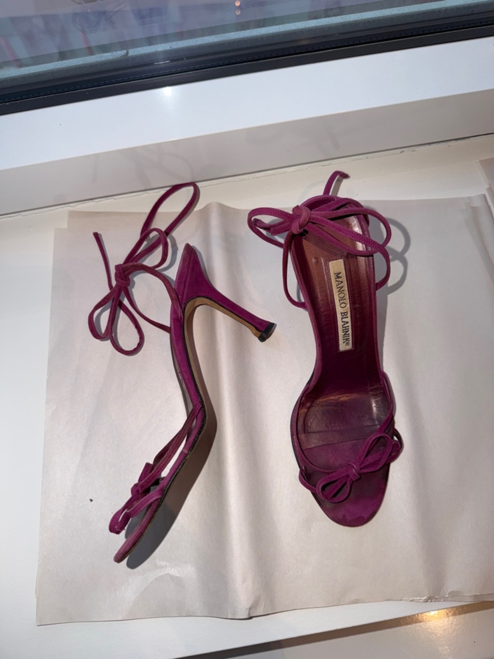 Manolo Blahnik Magenta Suede Ankle-Tie Heels
